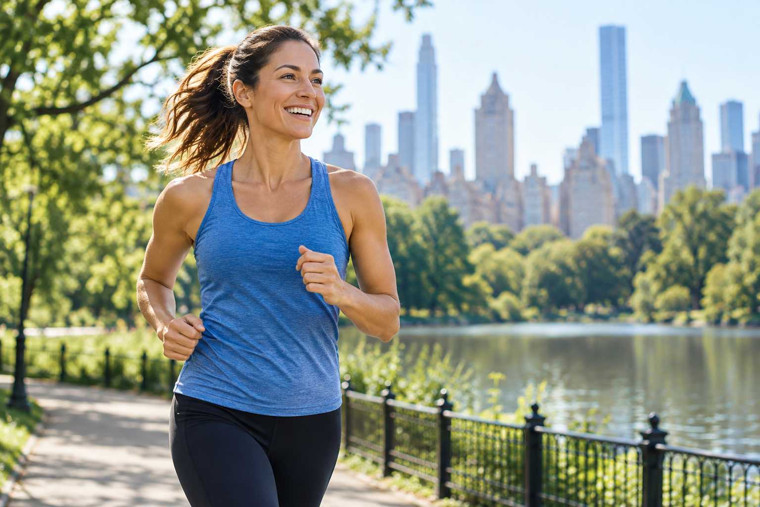 Woman jogging in a park with the New York City skyline and waterfront in the background